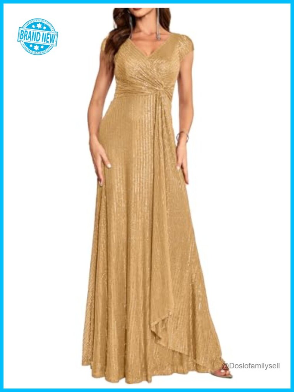 Sequin Formal Evening Gown V Neck Cap Sleeve Maxi Dress with Slit